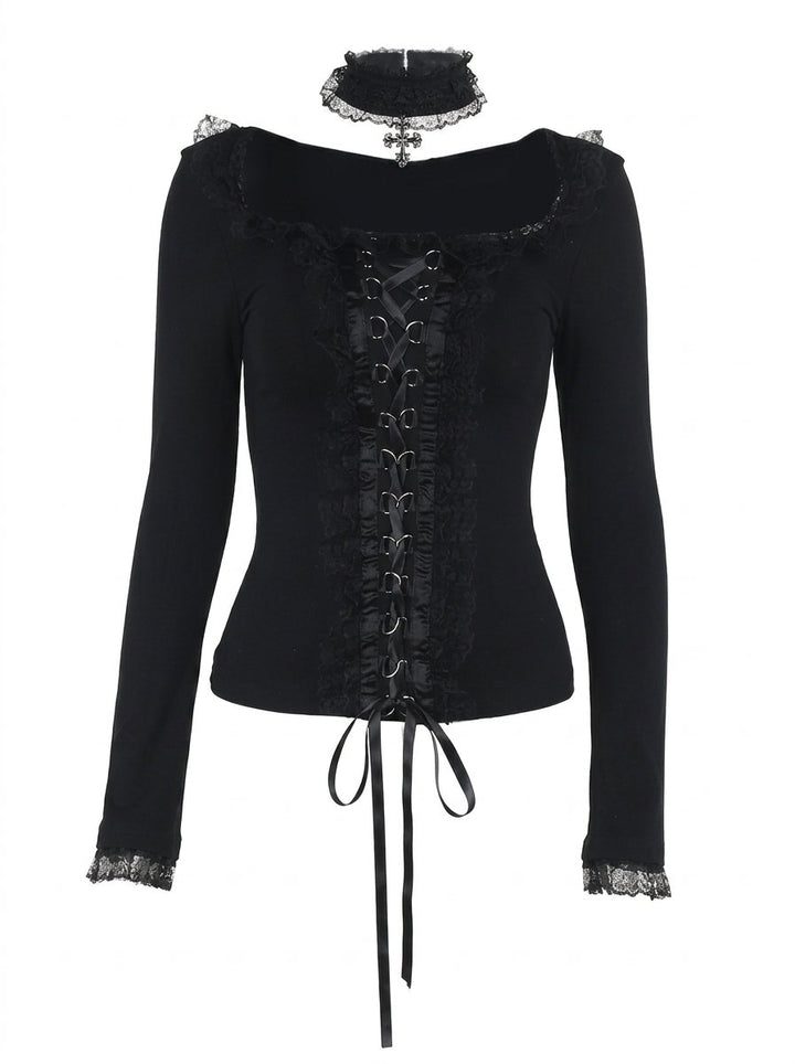 Gothic Lace Up Ruffle Long Sleeve Top