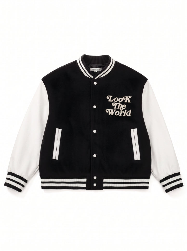 Oversized Colorblock Embroidered Varsity Jacket