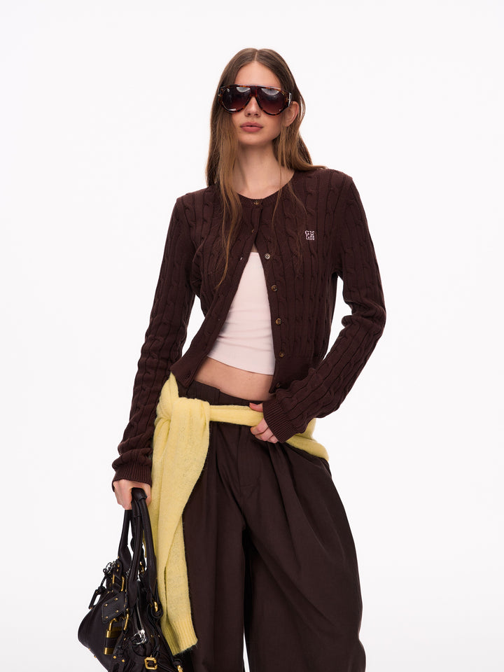 Cropped Embroidered Cable Knit Cardigan