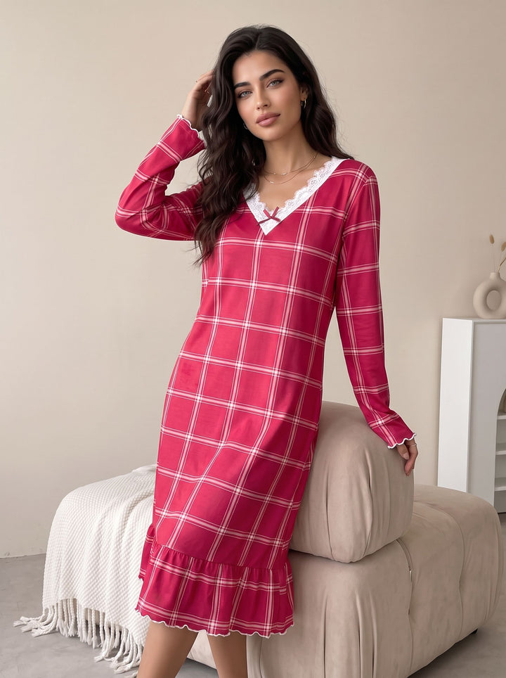 Cozy Plaid Lace Trim Nightgown