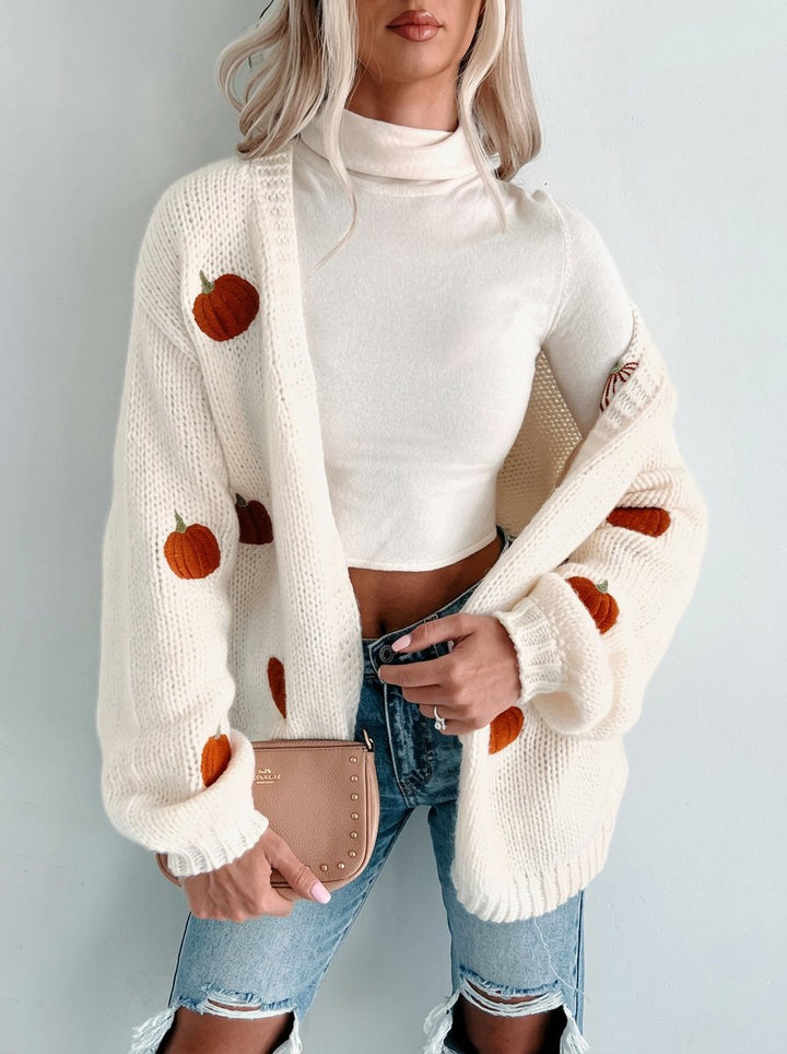 Cozy Pumpkin Embroidered Knit Cardigan