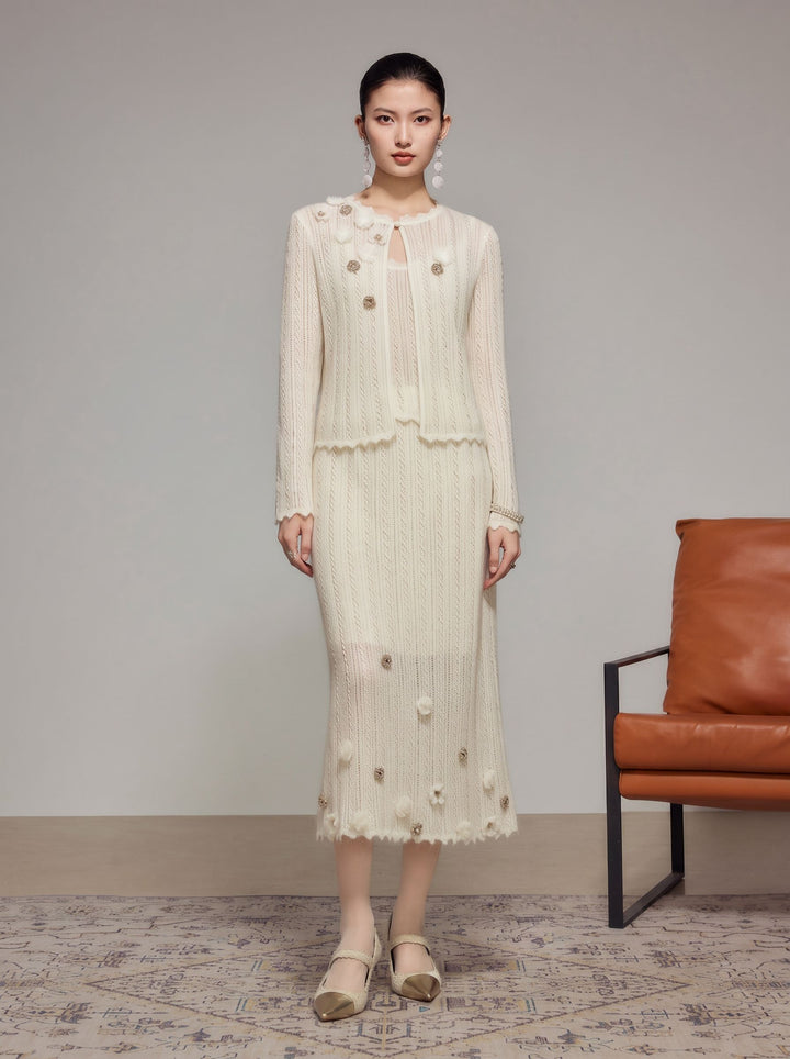 Embellished Cable Knit Midi Skirt