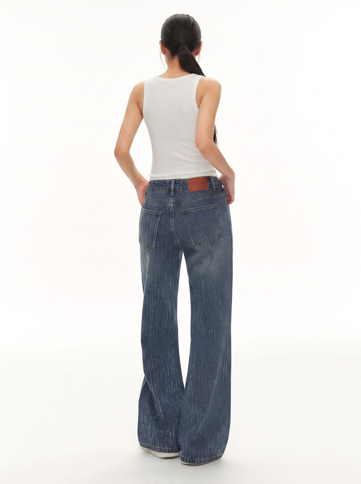 Sparkly Rhinestone High Waisted Wide Leg Jeans