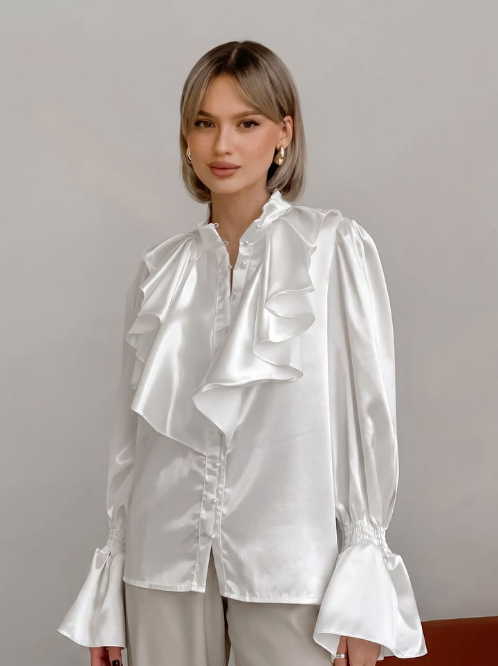 Ruffled Satin Button Down Blouse