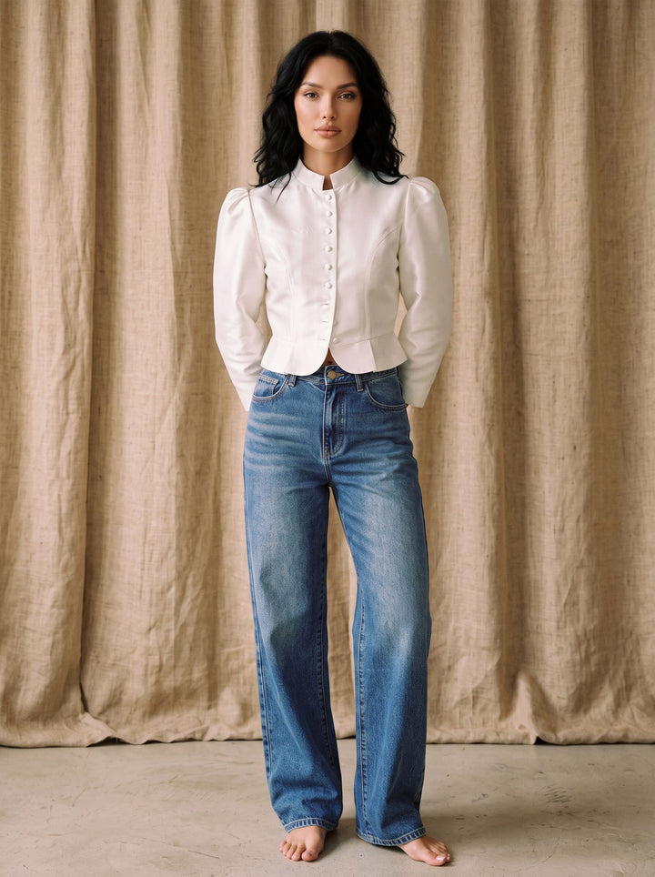 Puff Sleeve Fitted Button Down Shirt