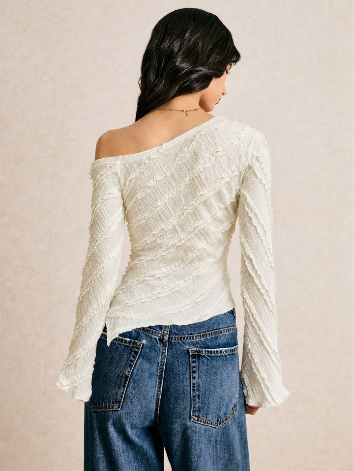 Textured One Shoulder Long Sleeve Top