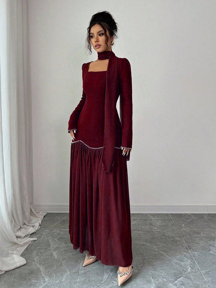 Elegant Velvet Pearl Trim Midi Dress