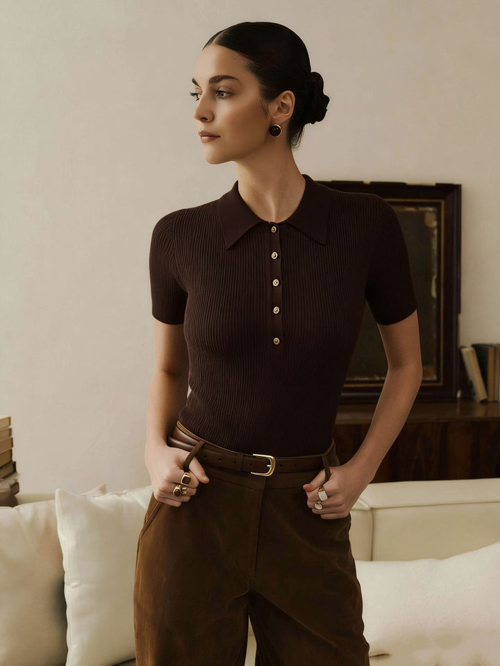 Ribbed Collared Button Front Knit Sweater