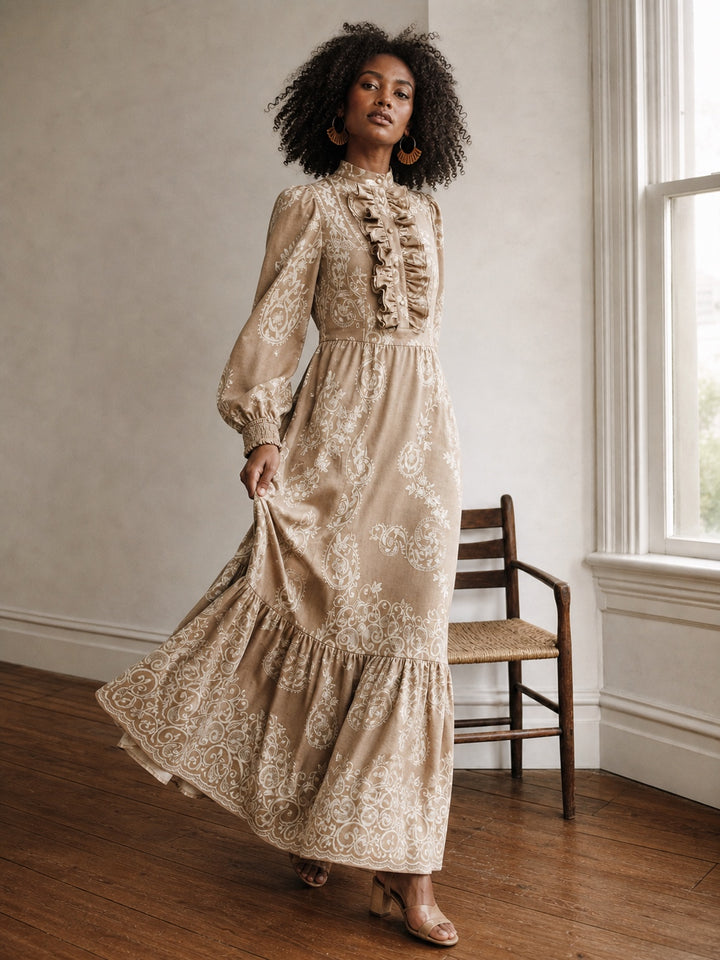 Boho Ruffled Paisley Print Maxi Dress