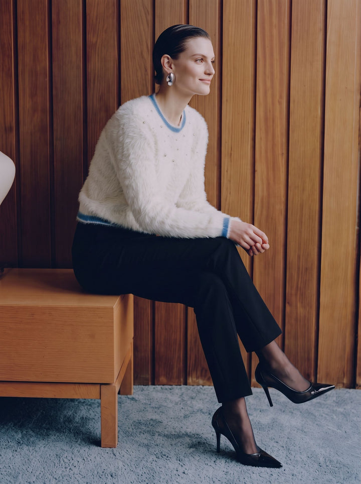 Fuzzy Rhinestone Embellished Crewneck Sweater