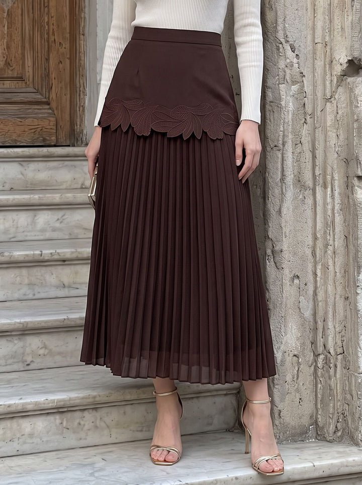 Embroidered High Waisted Pleated Midi Skirt