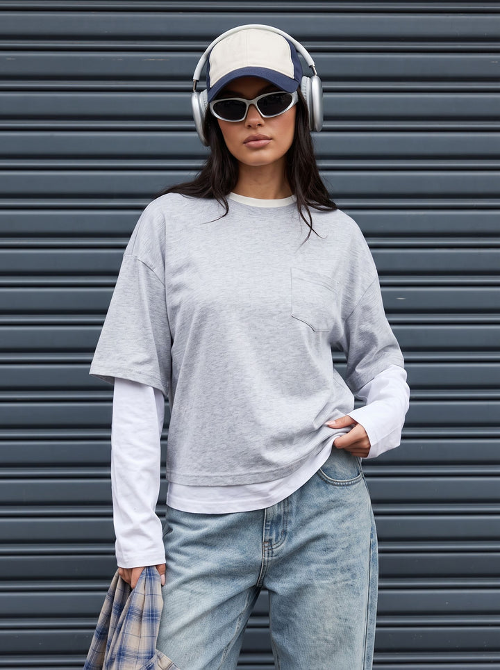 Oversized Layered Pocket Crewneck T Shirt