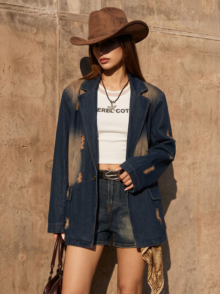 Distressed Oversized Denim Blazer Jacket