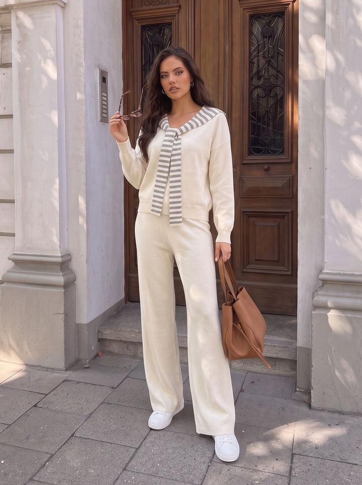 Casual Striped Sailor Collar Knit Pants Sets