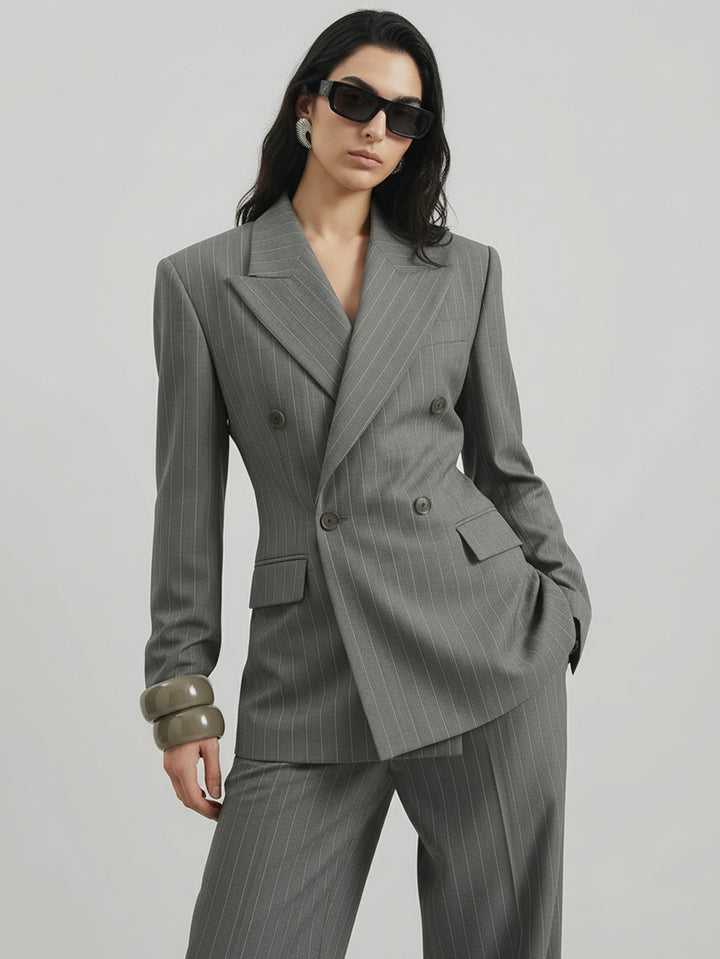 SAIA Peaked Lapel Double-Breasted Tailored Waist Blazer-Gray