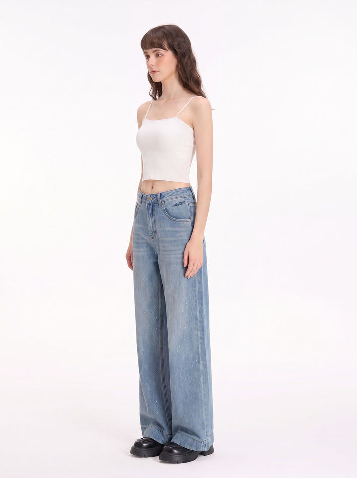 Lace Trim High Waisted Wide Leg Jeans