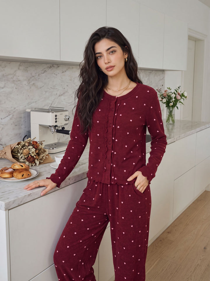 Cozy Heart Print Pajama Lounge Set