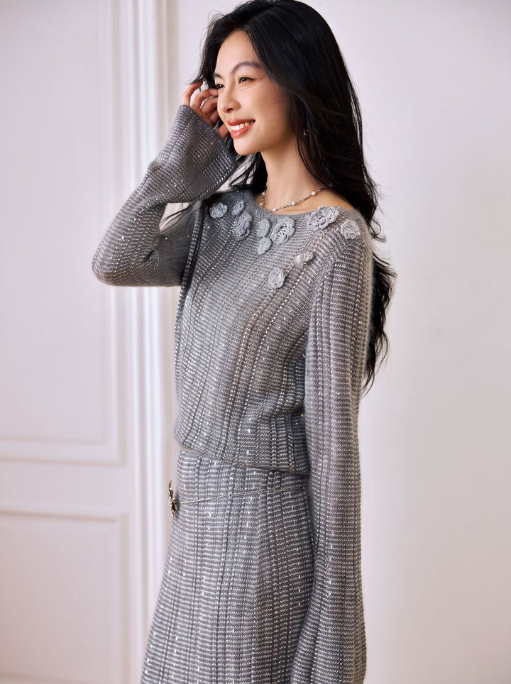 Embellished Metallic Knit Pullover Sweater