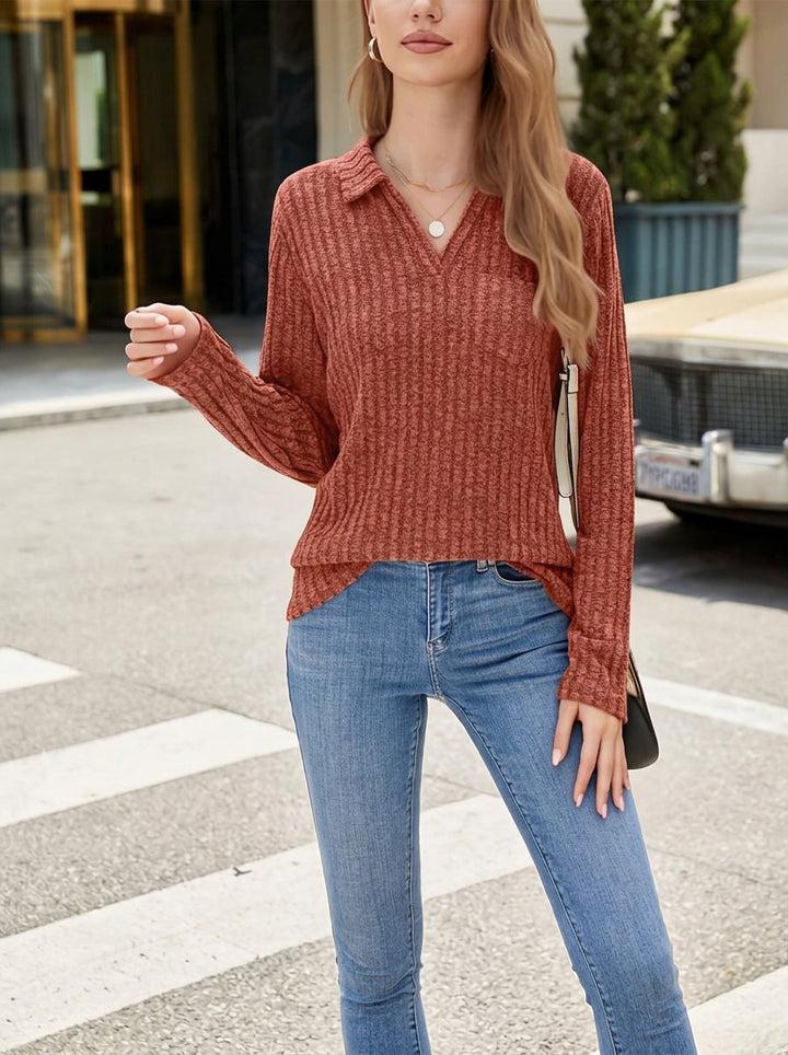 Ribbed Collared Long Sleeve Tee