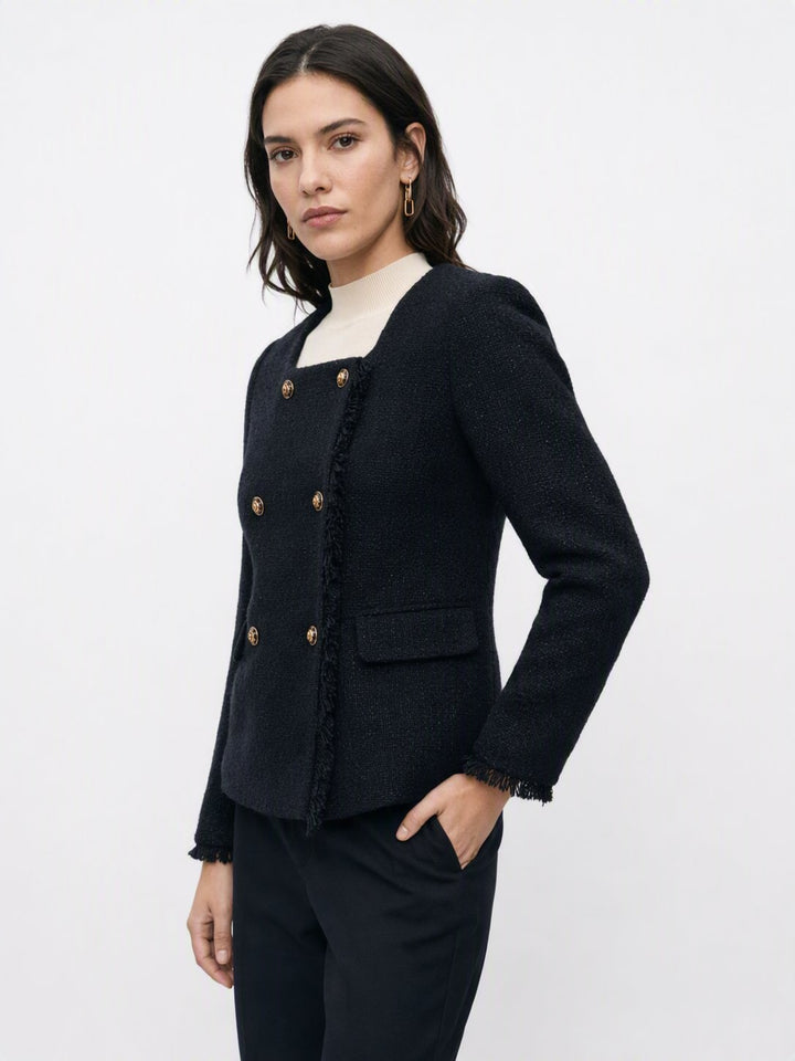 Double Breasted Tweed Fringe Jacket