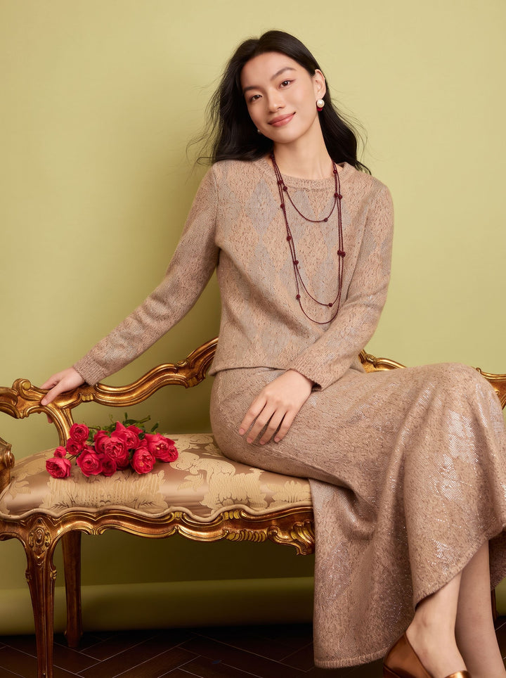 Shimmer Argyle Knit Crewneck Sweater