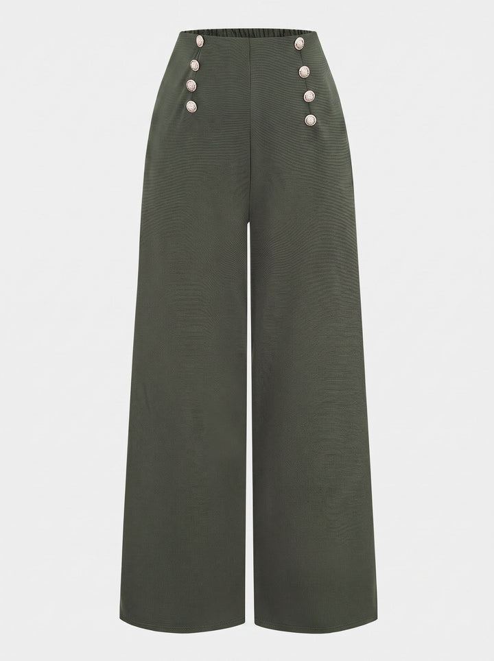High Waisted Button Detail Wide Pants