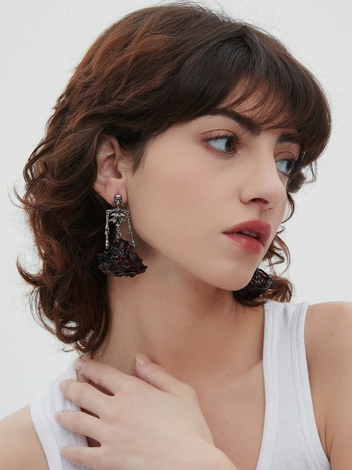 Gothic Skeleton Rose Statement Earrings