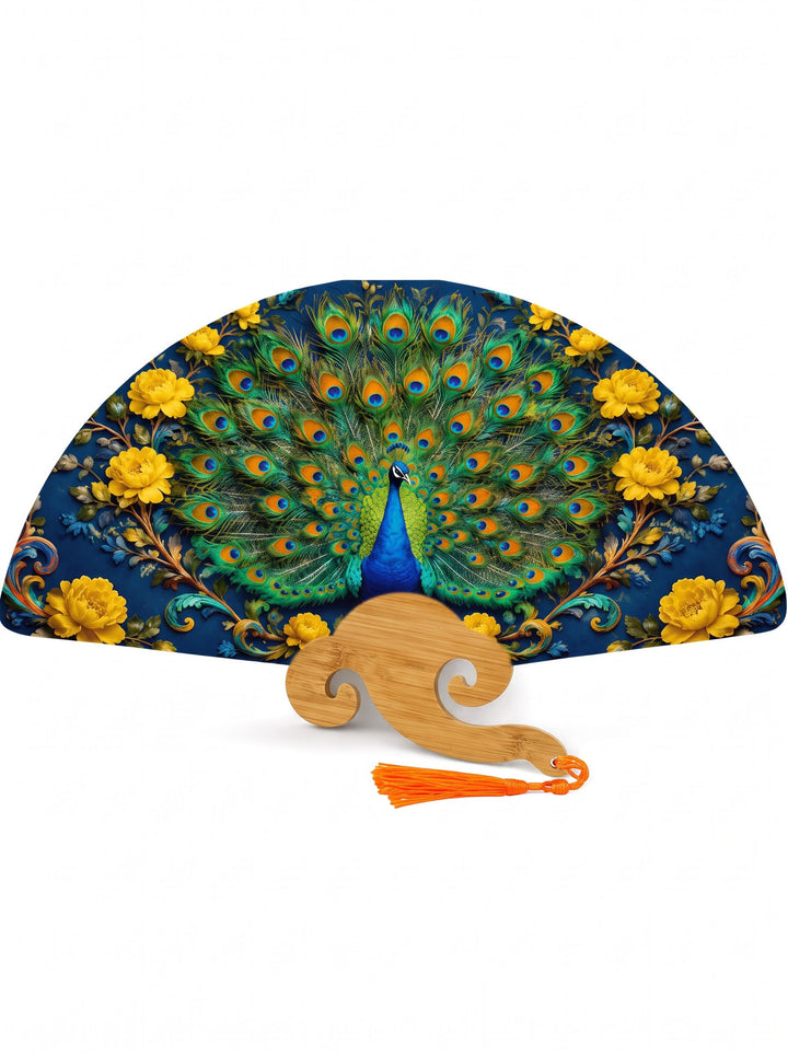 Peacock and Yellow Peonies Folding Fan