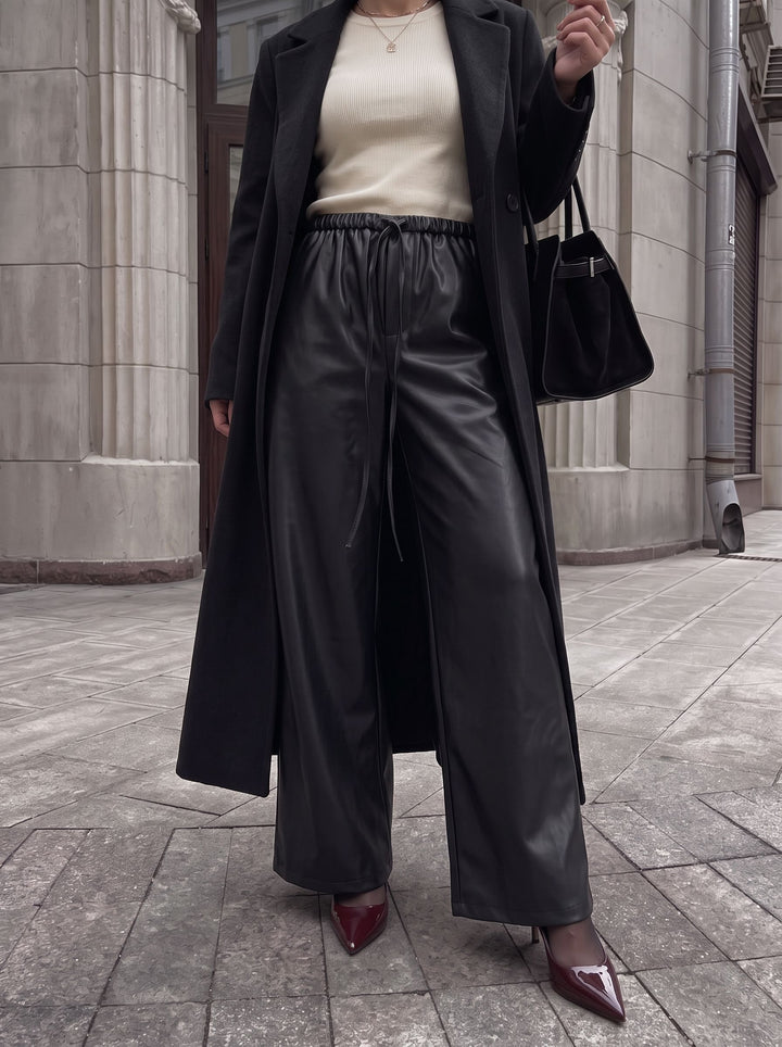 High Waisted Faux Leather Wide Pants
