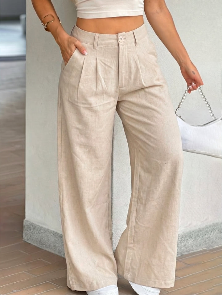 High Waisted Pleated Linen Trousers