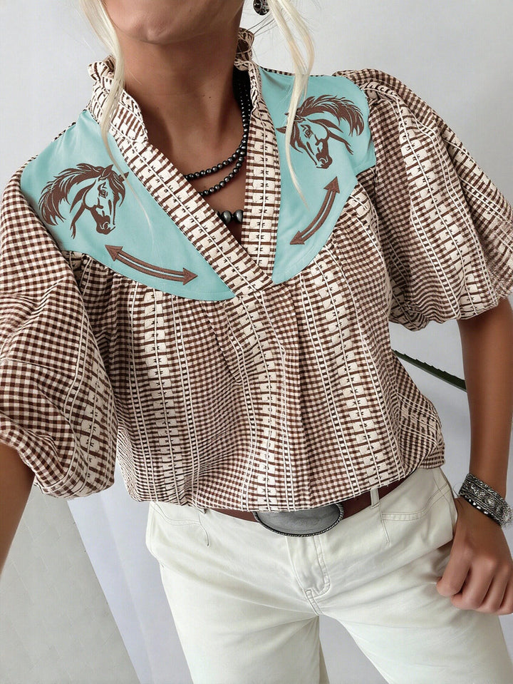 Western Print Plaid Chiffon Blouse
