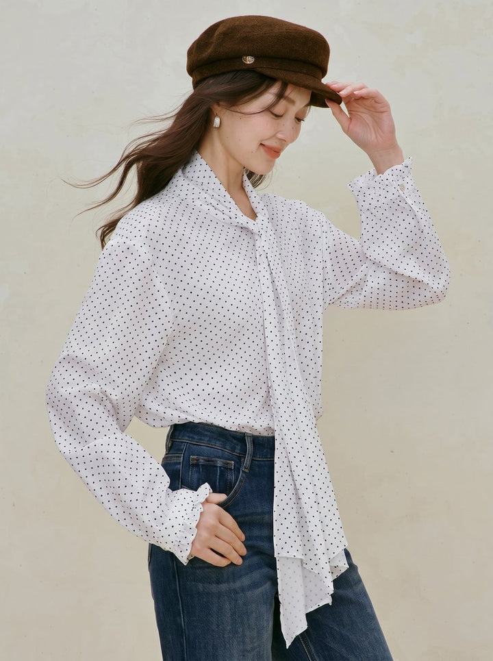 Elegant Polka Dot Tie Neck Blouse