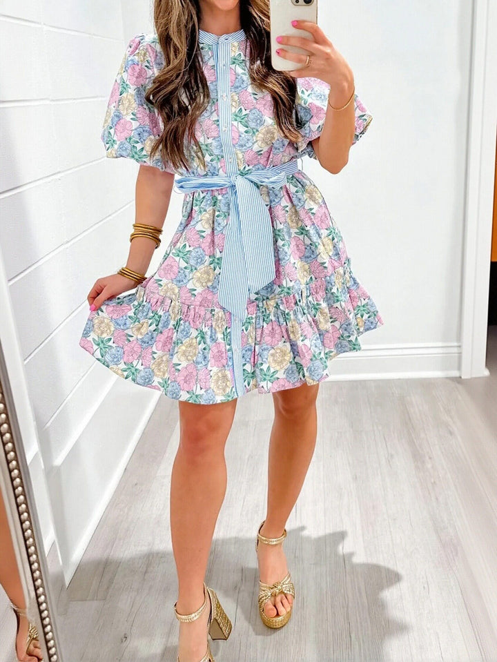 Floral Print Tie Waist Mini Dress