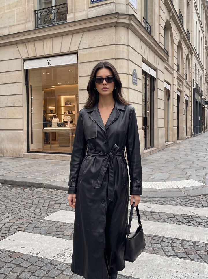 Elegant Belted Faux Leather Trench Coat