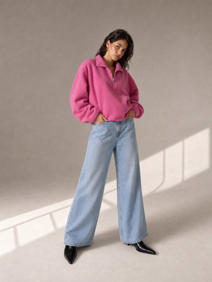 Oversized Pink Quarter Zip Fleece Sweatshirt
