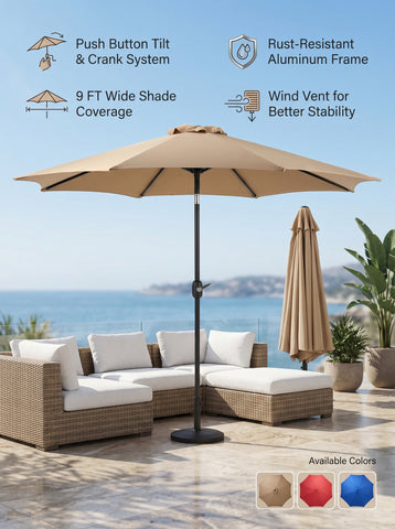 [World Cup 2026]Outdoor Patio Umbrella With Push Button Tilt And Crank Market Umbrella 8 Sturdy Ribs Uv Protection Waterproof For Garden Backyard