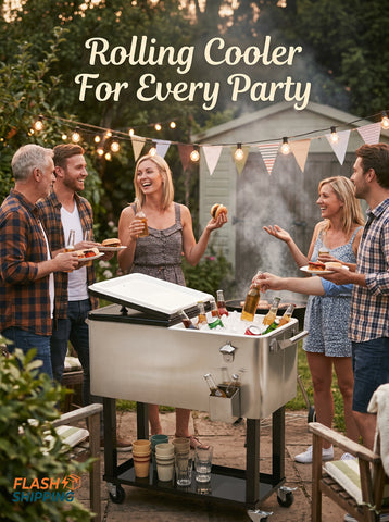 80 QT Rolling Cooling Bins Ice Chest on Wheels Outdoor Stand Up Drink Cooler Cart for Party