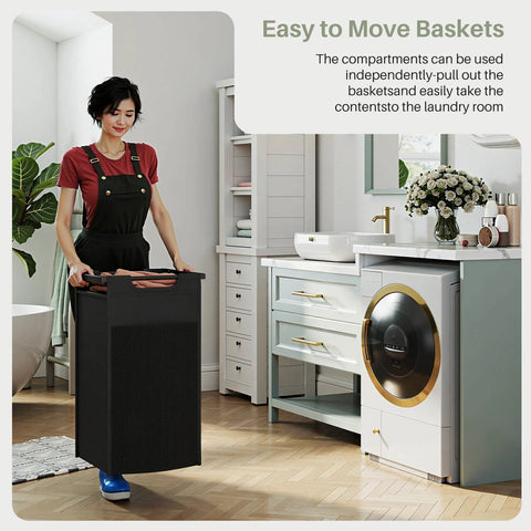 Laundry Hamper with 3 Pull-Out Removable Laundry Bags Clothing Sorter with Shelf and Wheels(Adjustable feet)3 x 8.6 Gallons (32.5 Liters)