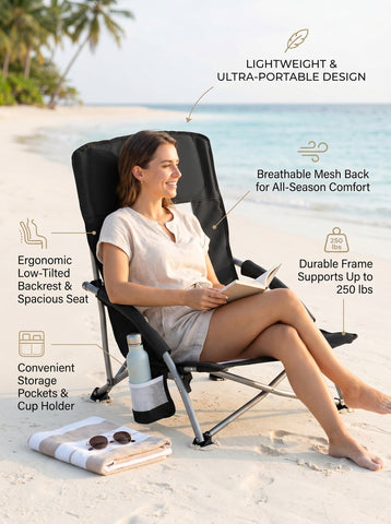 [World Cup 2026]Portable Folding Camping Chair With Storage Pockets And Backpack Mesh-Ventilated Chair Back