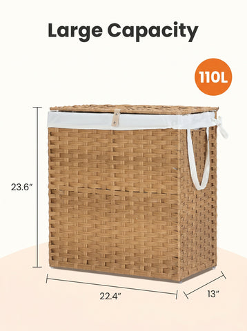 [World Cup 2026]Laundry Basket With Lid 110 L Hand-Woven Pp Rattan Laundry Basket With Compartments & Handles Foldable Removable Liner