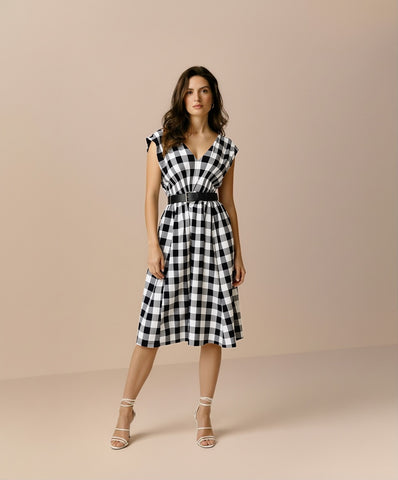 Women's Summer Dresses Elegant Plaid Sleeveless V-Neck Sashes Nipped Waists Daily Basic A-Line Midi Dresses