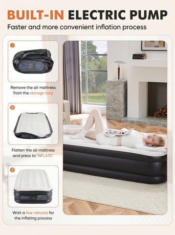 Air Mattress - 18" Inflatable Blow Up Mattress Airbed with Built-in High Capacity Pump, Double Height, Adjustable, Non-Slip Bottom Design