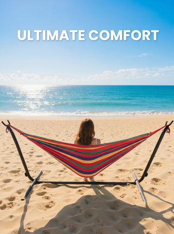 [World Cup 2026]Double Hammock With Steel Stand And Carrying Bag Adjustable Height 450Lbs Capacity Polyester Cotton Fabric Portable Outdoor Hammock For 2 Adults