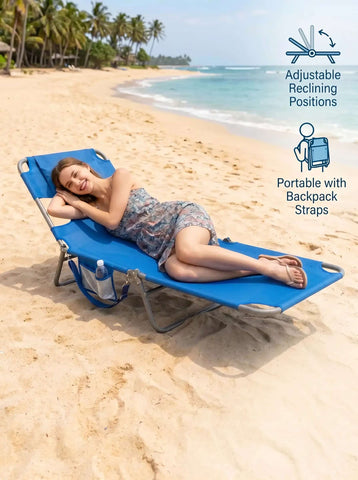 Foldable and adjustable lounge chair, portable beach chair, equipped with backpack straps and side pockets