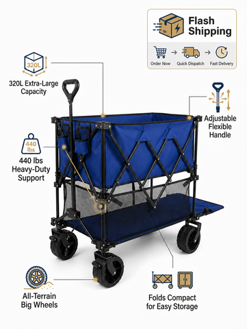 [World Cup 2026] Outdoor Double-Decker Folding Wagon – 320L, 440 lbs, All-Terrain Wheels & Adjustable Handle – Perfect for Soccer Summer, Game Night, Watch Party, Camping, Beach & Tailgating