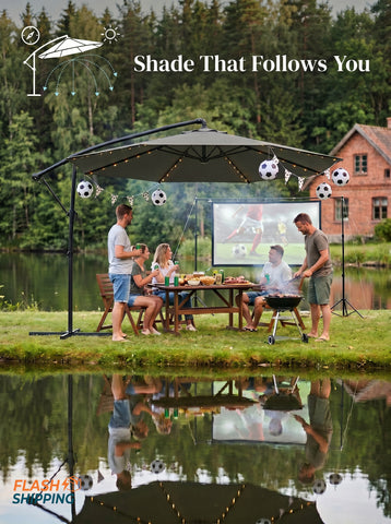 10 ft Offset Patio Umbrella with Cover, Hanging Cantilever Umbrella with 360° Rotation, Crank Handle, Tilt