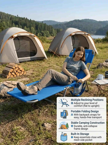 Foldable and adjustable lounge chair, portable beach chair, equipped with backpack straps and side pockets