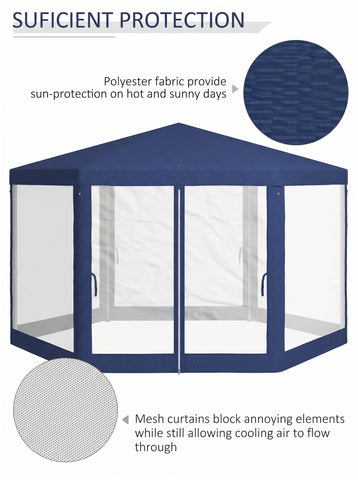 13' x 11' Outdoor Party Tent, Hexagon Sun Shade Shelter Canopy w/ Protective Mesh Sidewalls, Ropes & Stakes