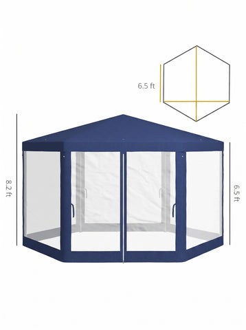 13' x 11' Outdoor Party Tent, Hexagon Sun Shade Shelter Canopy w/ Protective Mesh Sidewalls, Ropes & Stakes