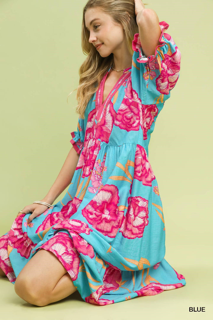 Umgee Floral Print Midi Dress with Contrast Trim